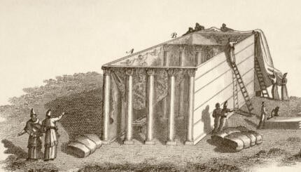 engraving of an elaborate tent in the desert